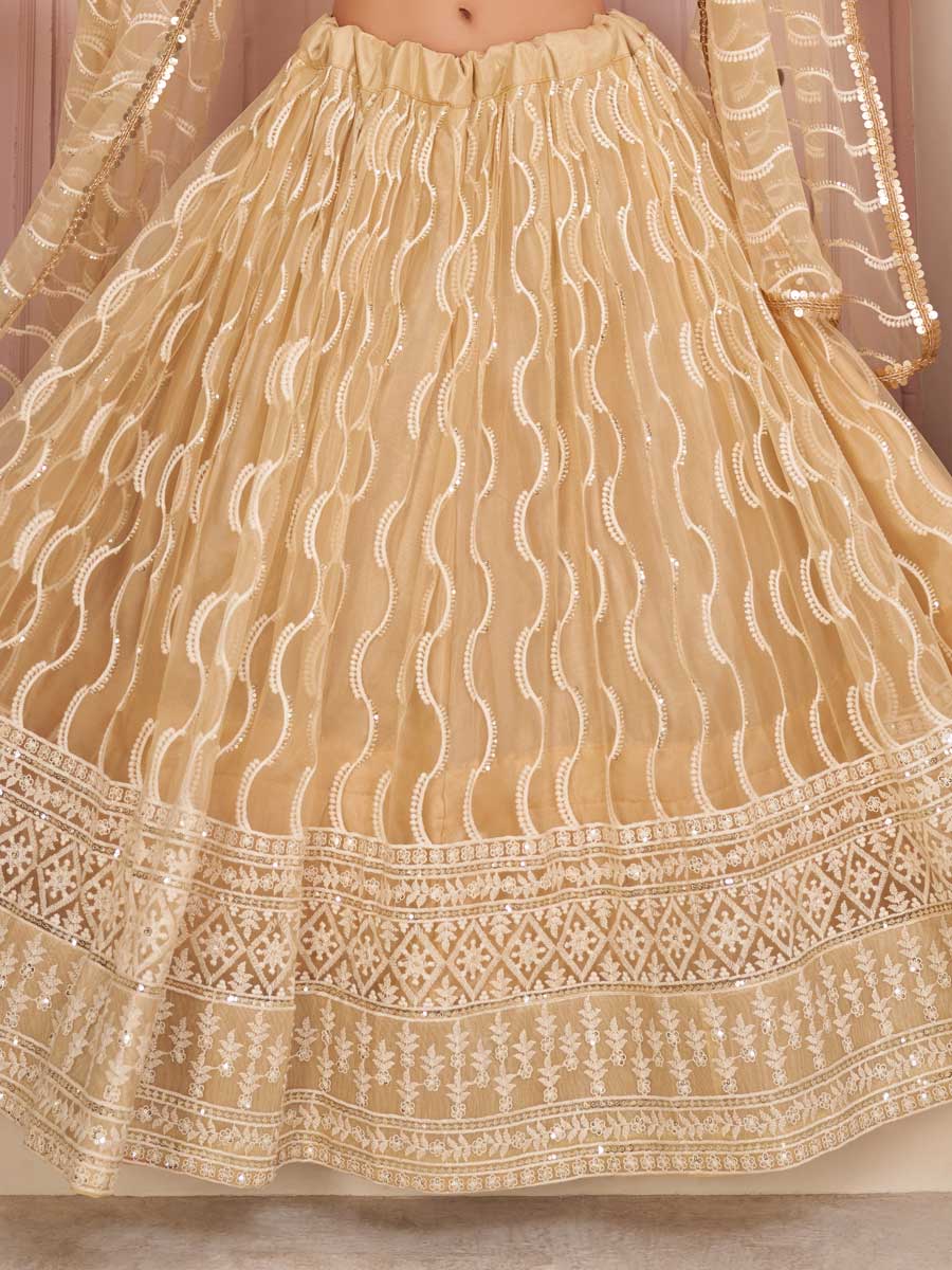 Cream Yellow Net Embroidered Party Lehenga Choli