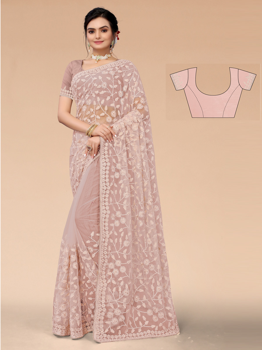 Cream Yellow Net Embroidered Party Saree
