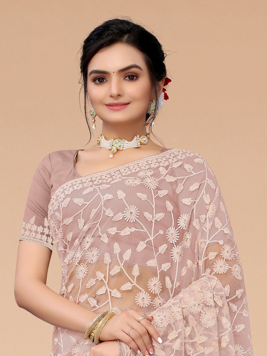 Cream Yellow Net Embroidered Party Saree