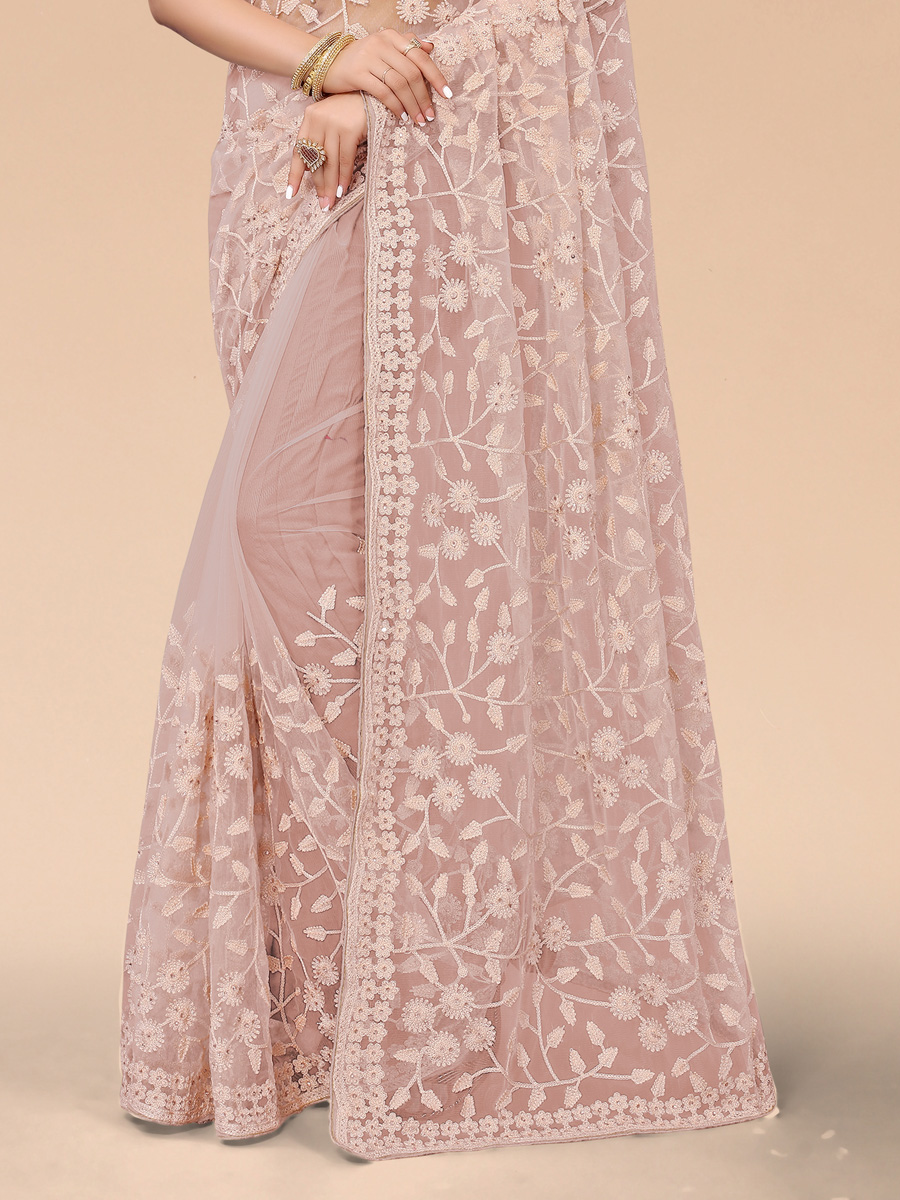 Cream Yellow Net Embroidered Party Saree