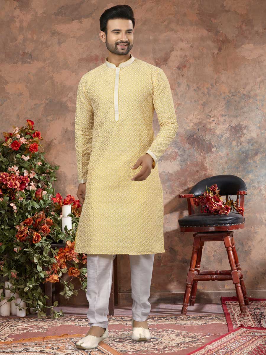 Cream Yellow Silk Embroidered Festival Kurta Set