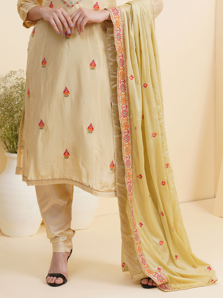 Cream Yellow Silk Embroidered Party Churidar Kameez
