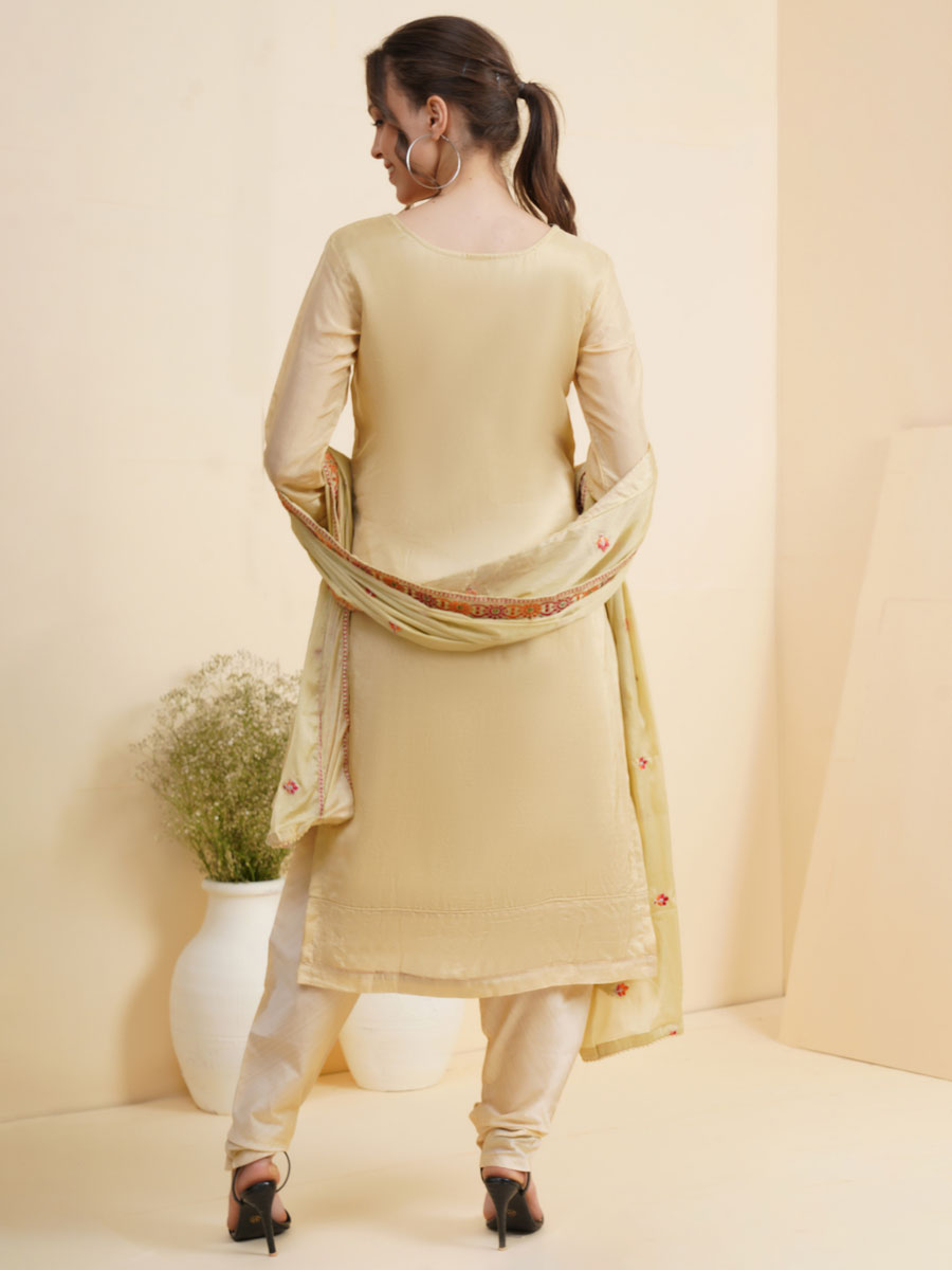 Cream Yellow Silk Embroidered Party Churidar Kameez