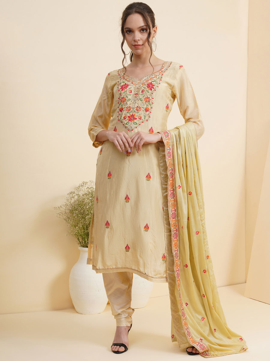 Cream Yellow Silk Embroidered Party Churidar Kameez