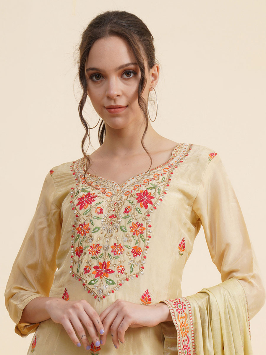 Cream Yellow Silk Embroidered Party Churidar Kameez