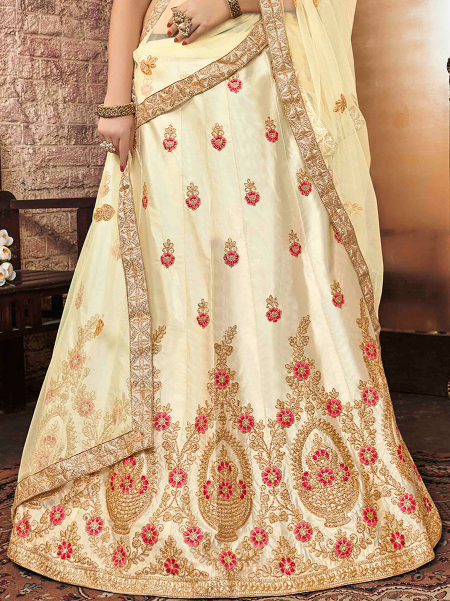 Cream Yellow Silk Embroidered Party Lehenga Choli