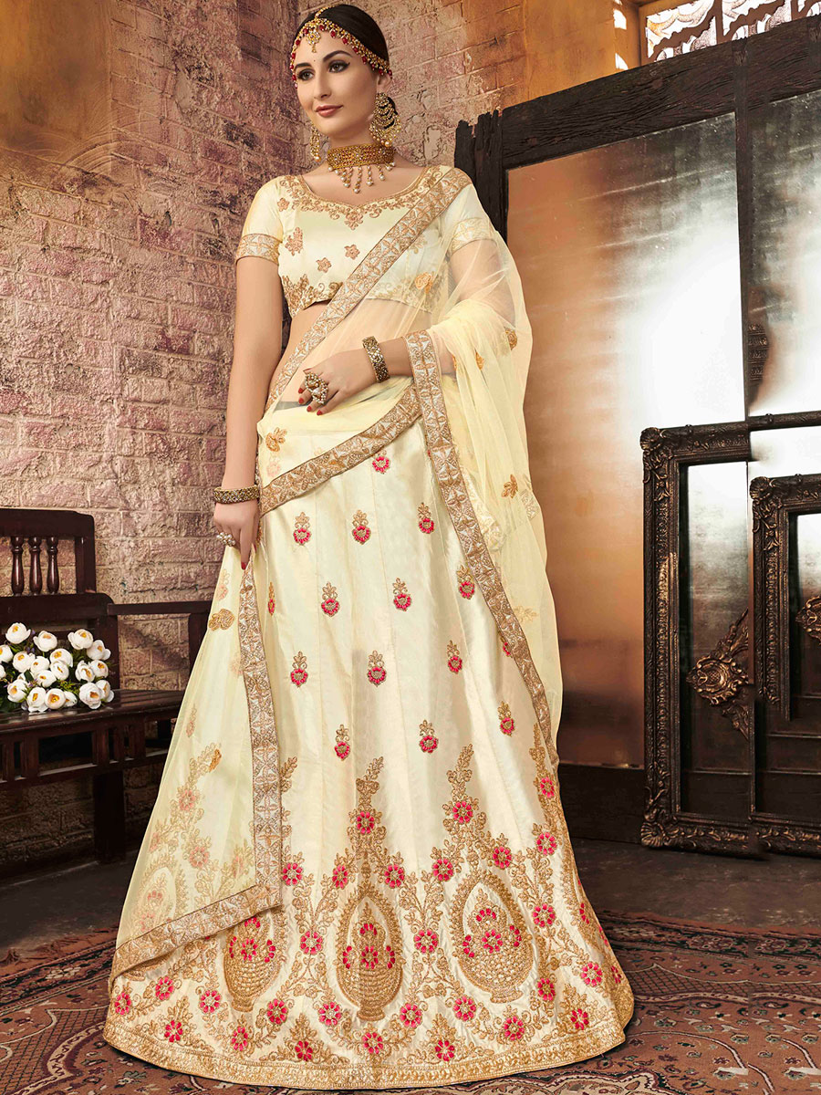 Cream Yellow Silk Embroidered Party Lehenga Choli