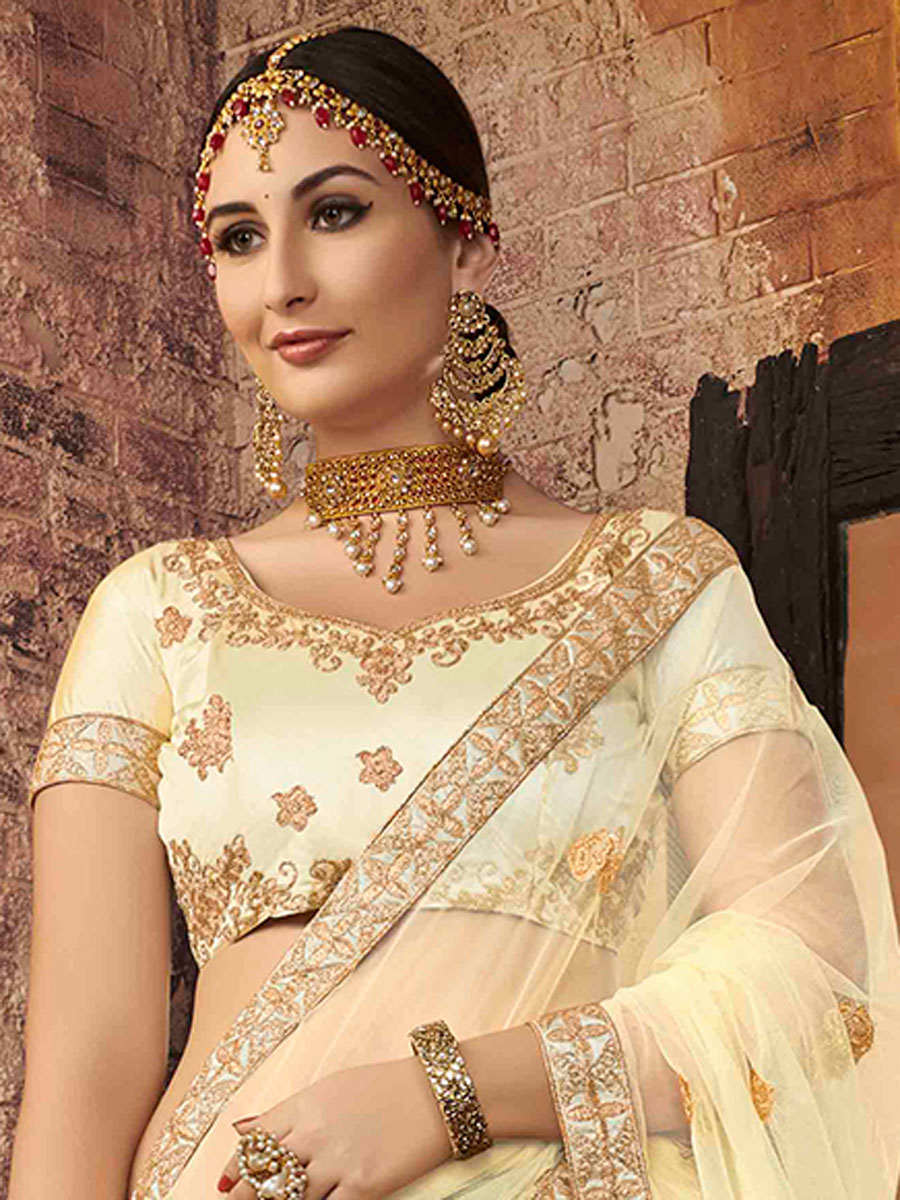 Cream Yellow Silk Embroidered Party Lehenga Choli