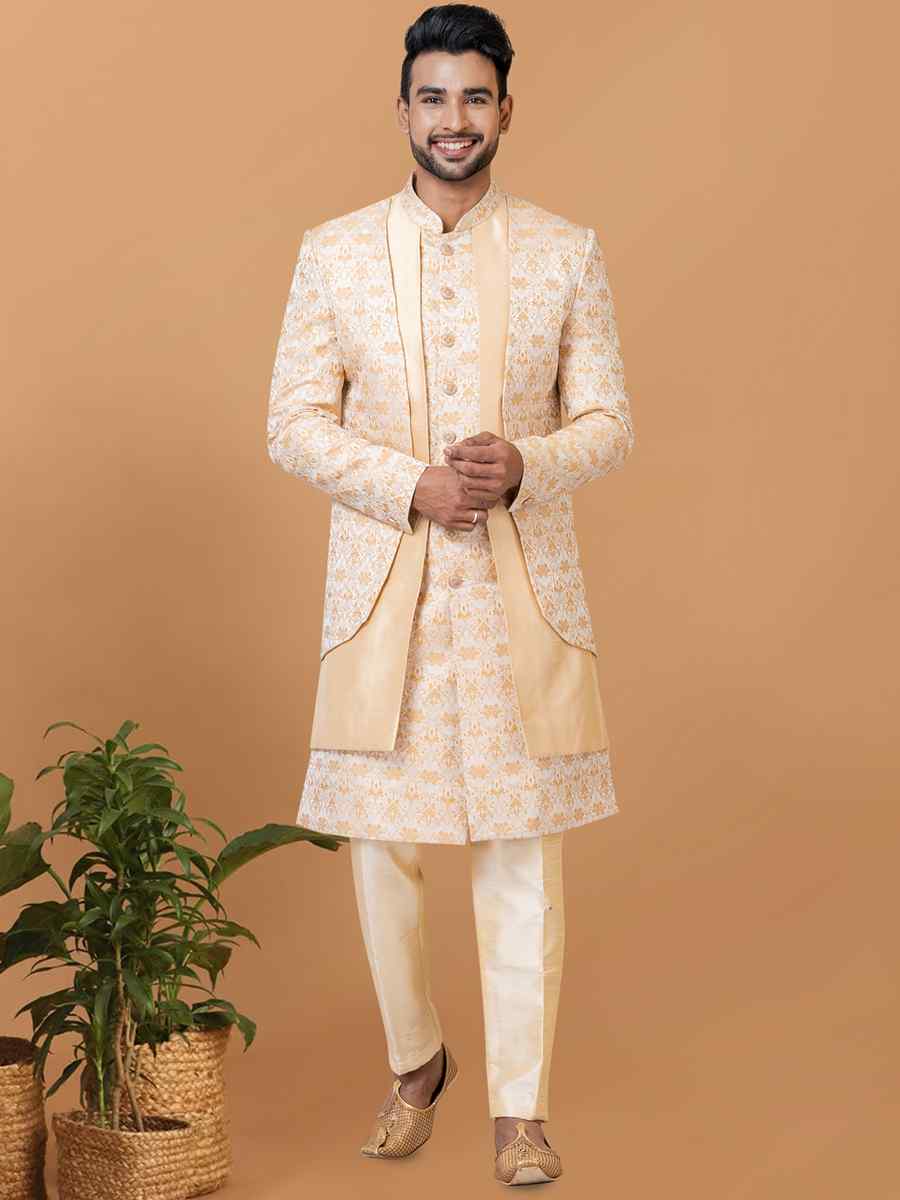 Creamish golden Jacquard Silk Woven Groom Wedding Sherwani