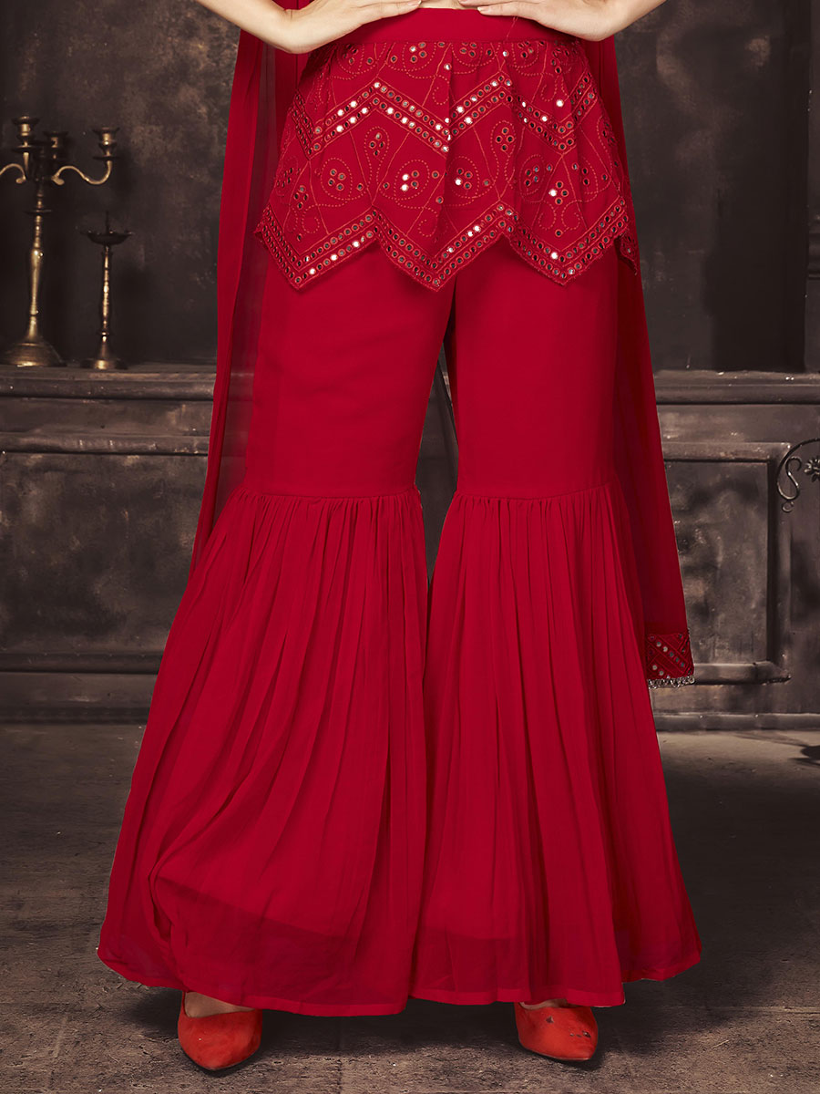 Crimson Red Faux Georgette Embroidered Party Palazzo Pant Kameez