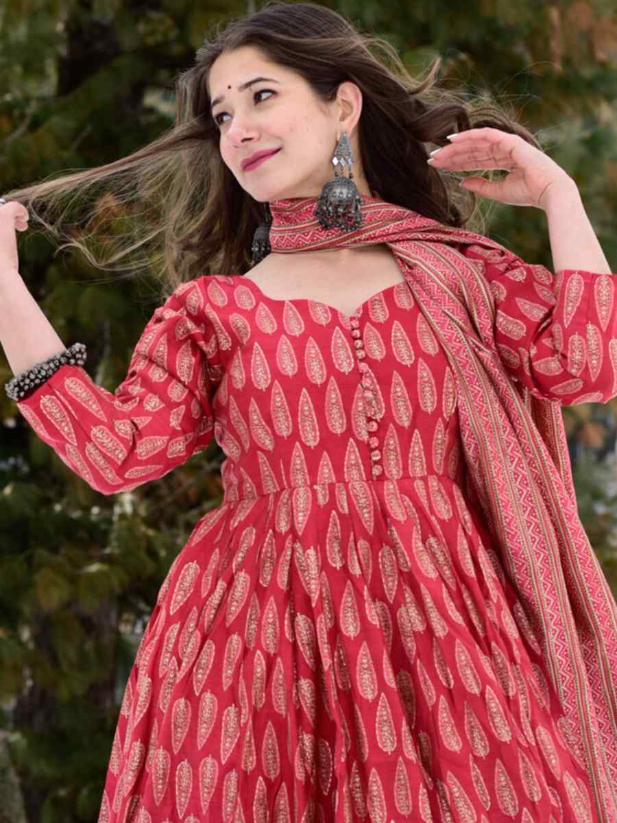 Crimson Red Pure Muslin Printed Festival Casual Palazzo Pant Salwar Kameez