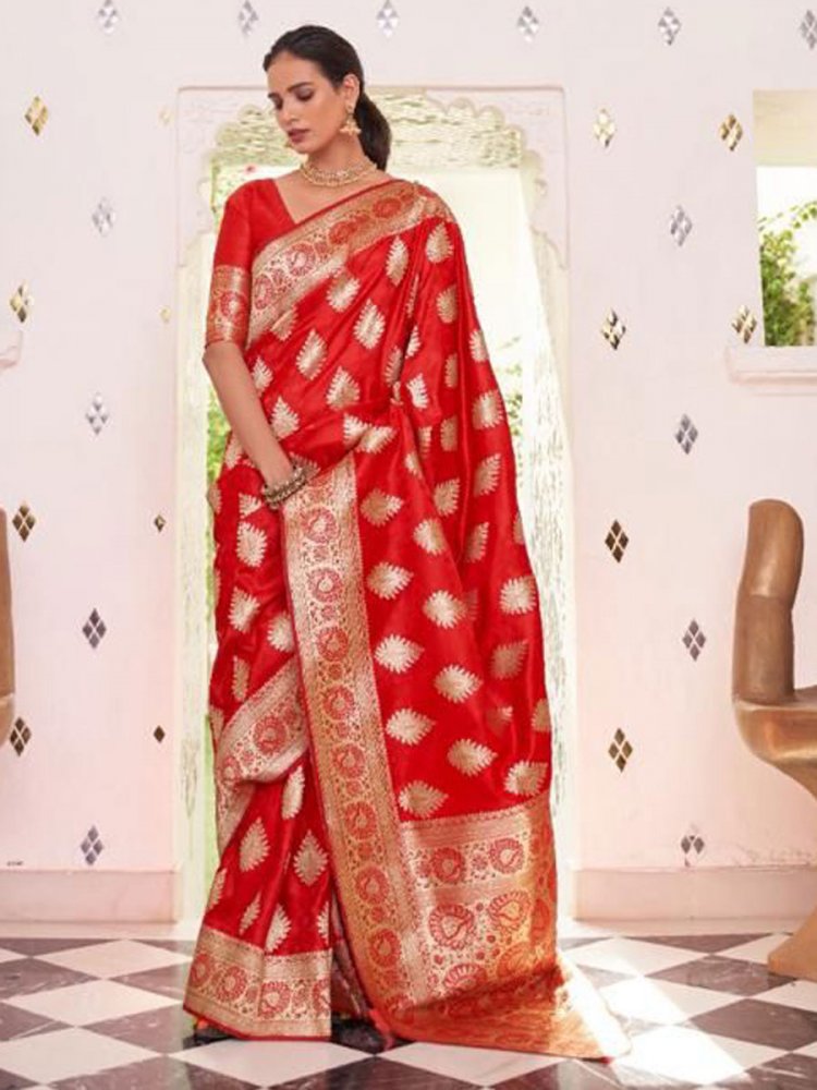 Crimson Red Satin Silk Handwoven Party Saree