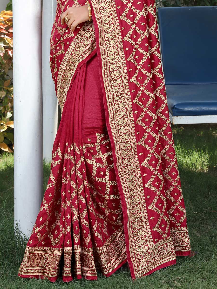 Crimson Red Vichitra Silk Embroidered Festival Saree