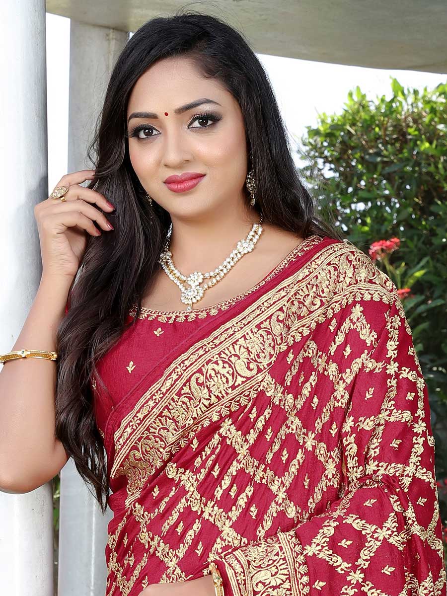 Crimson Red Vichitra Silk Embroidered Festival Saree
