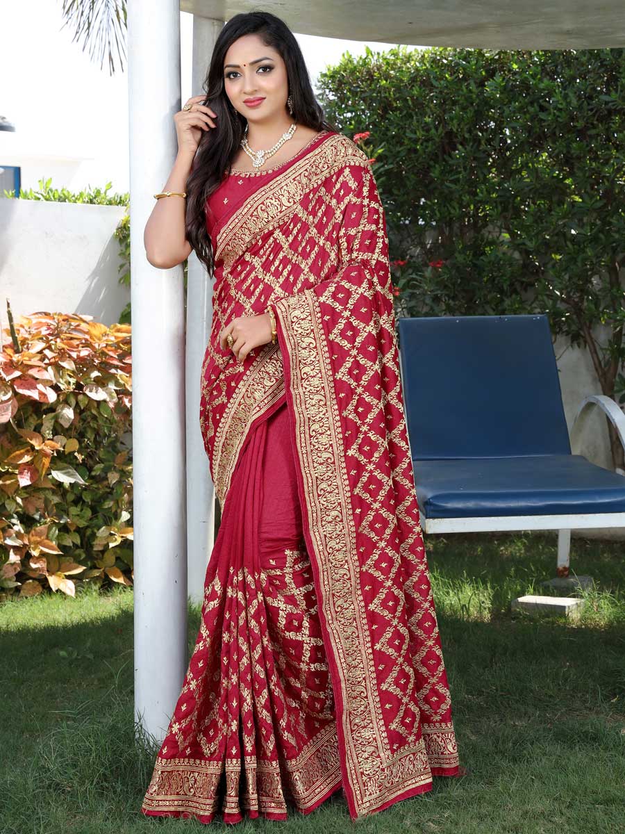 Crimson Red Vichitra Silk Embroidered Festival Saree