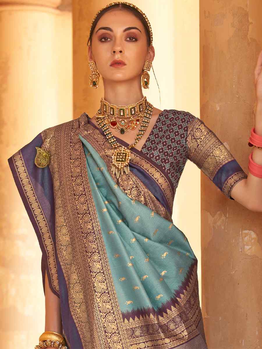 Cutty Blue V B Silk Handwoven Casual Festival Classic Style Saree