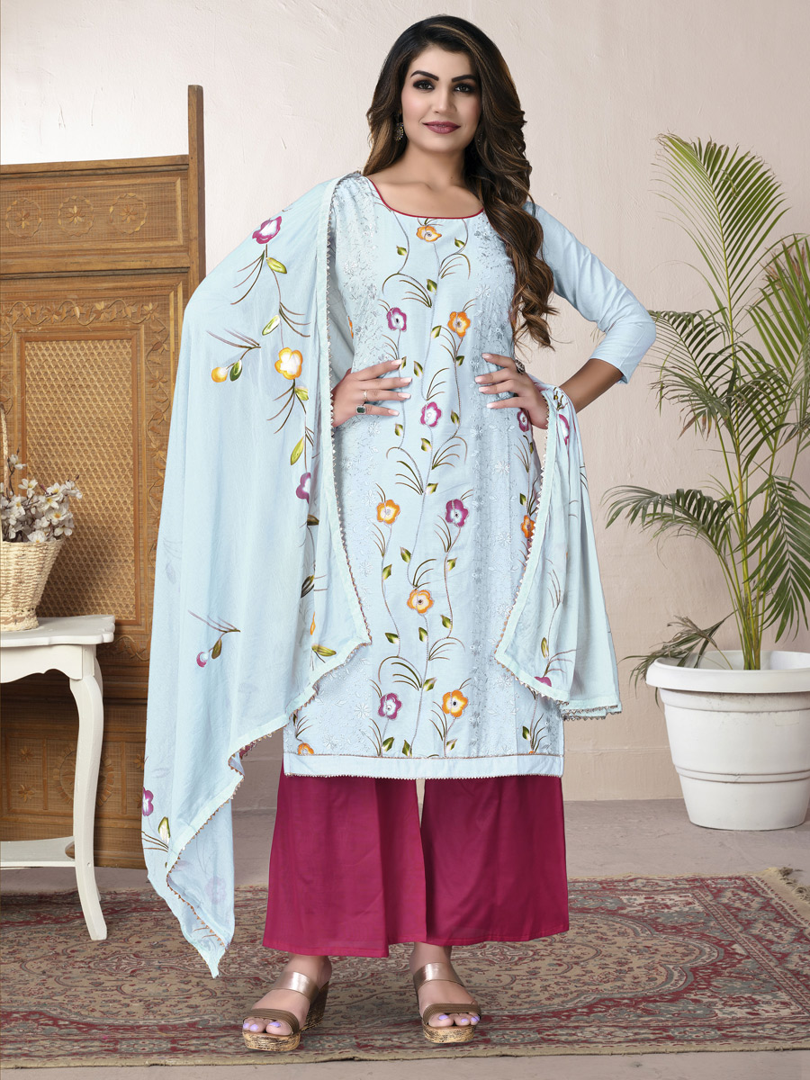 Cyan Blue Cambric Cotton Embroidered Party Palazzo Pant Kameez