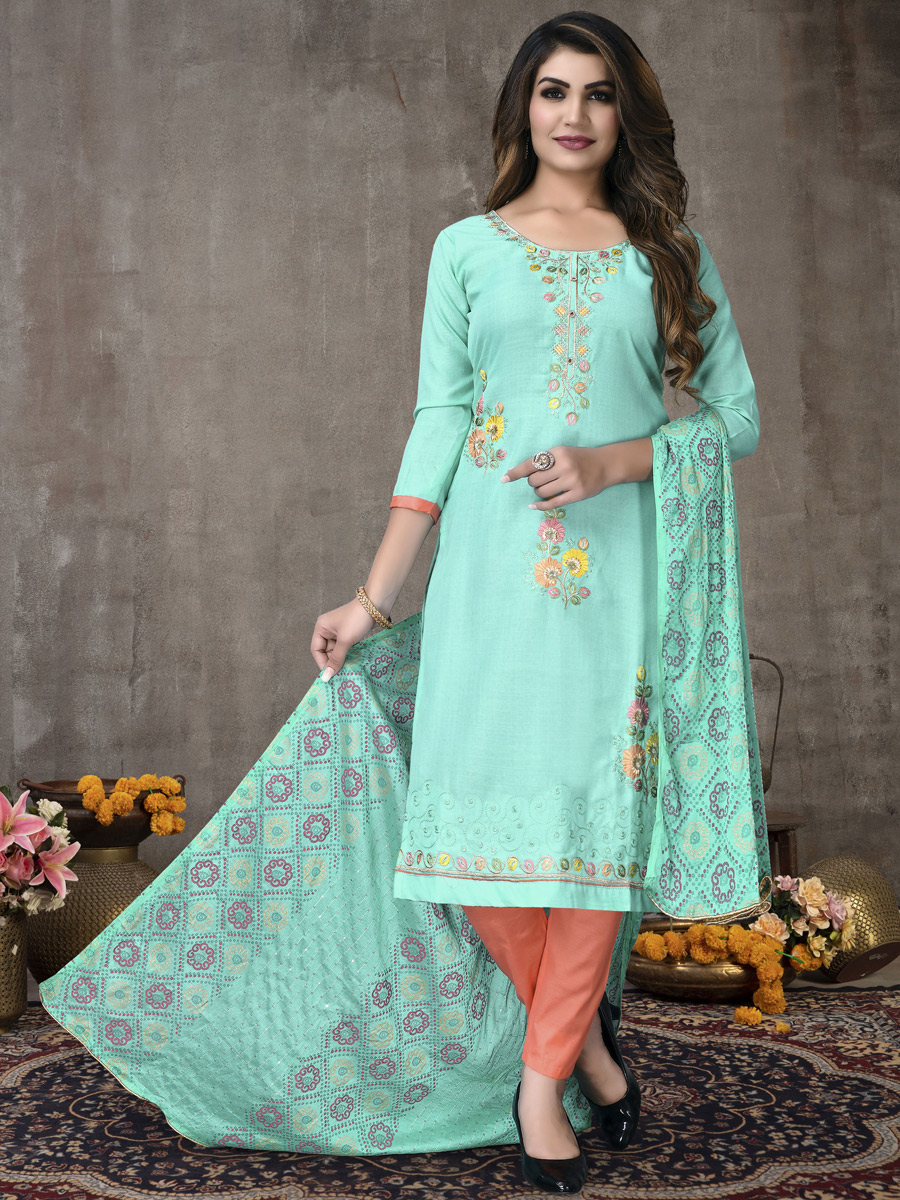 Cyan Blue Cotton Embroidered Party Pant Kameez