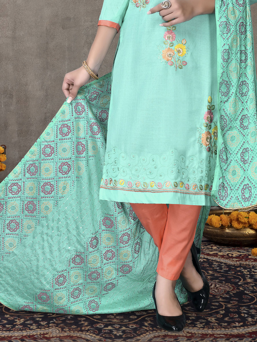 Cyan Blue Cotton Embroidered Party Pant Kameez