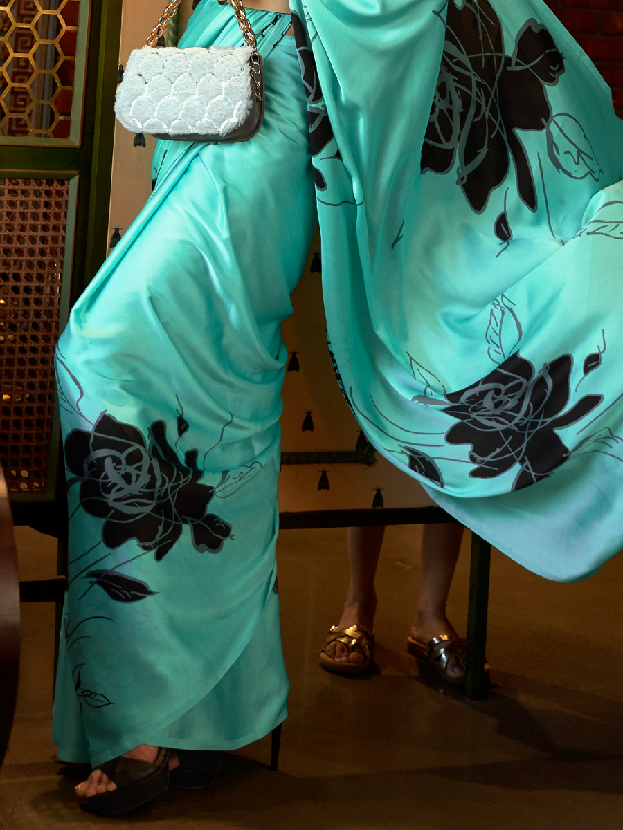 Cyan Blue Crepe Festival Printed Saree