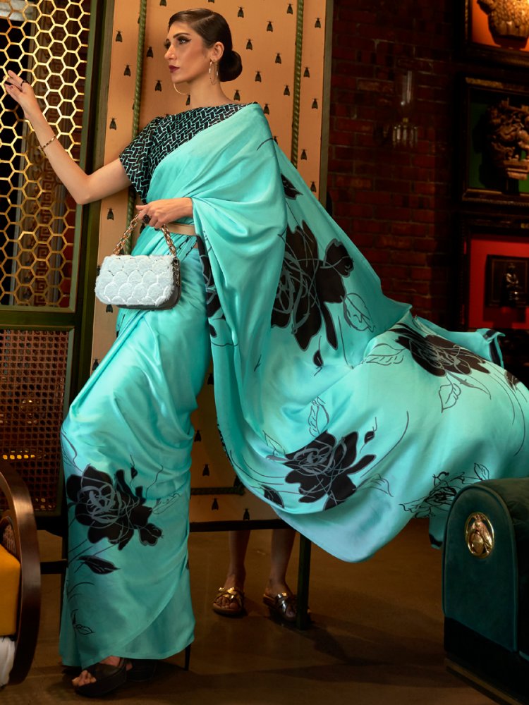 Cyan Blue Crepe Festival Printed Saree