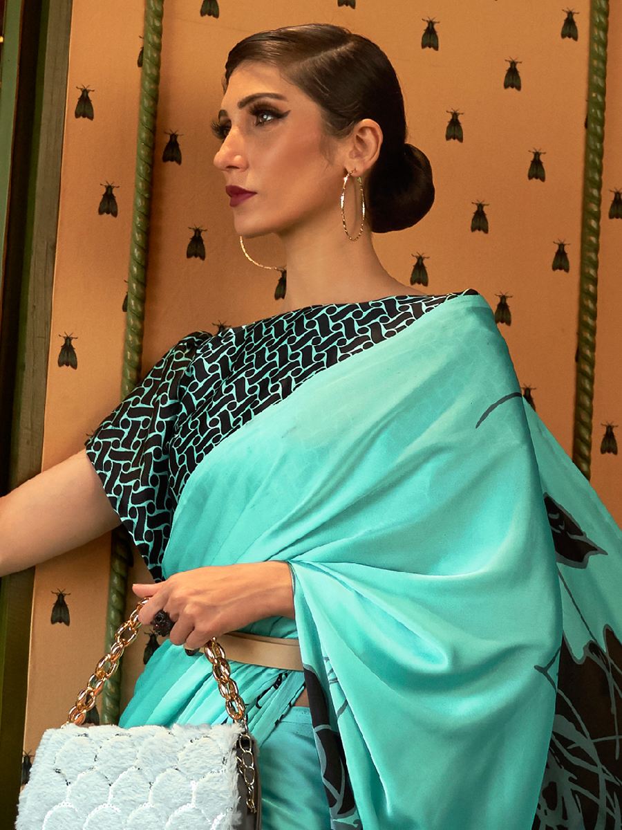 Cyan Blue Crepe Festival Printed Saree
