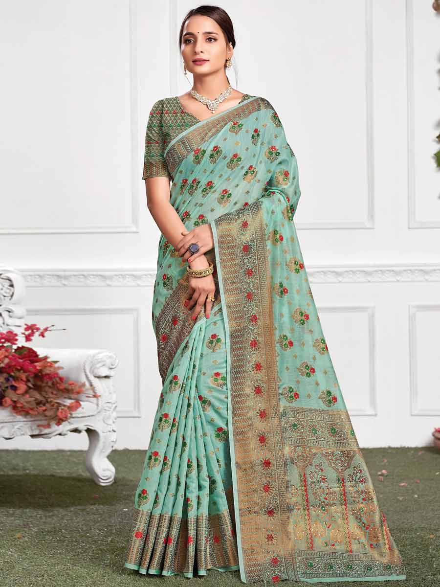 Cyan Cotton Handwoven Festival Saree