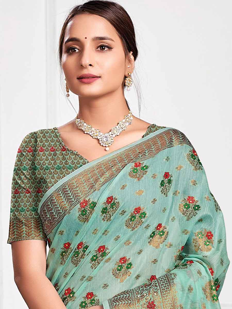 Cyan Cotton Handwoven Festival Saree