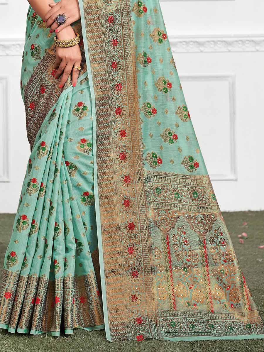 Cyan Cotton Handwoven Festival Saree