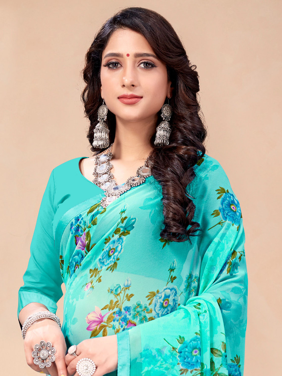 Cyan Georgette Printed Festival Saree
