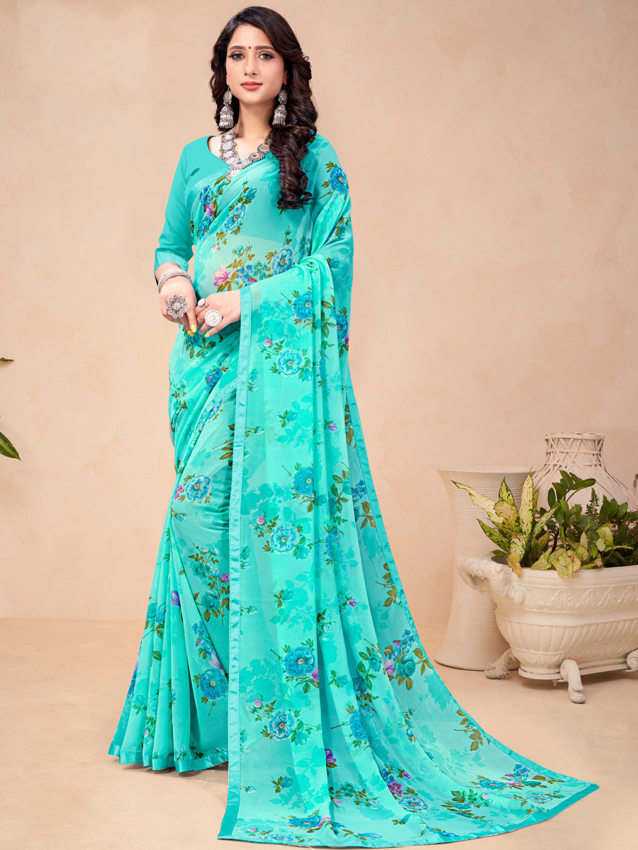 Cyan Georgette Printed Festival Saree