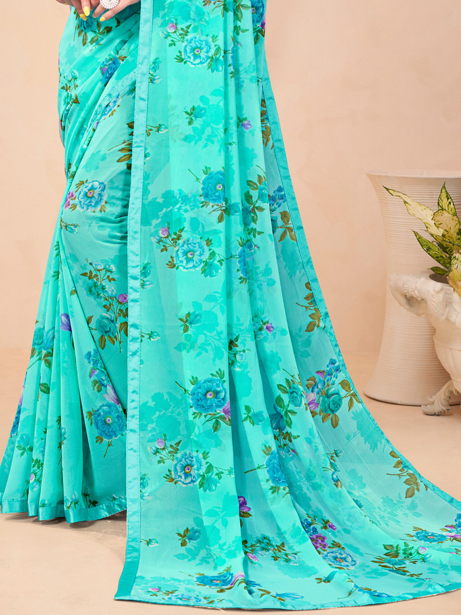 Cyan Georgette Printed Festival Saree