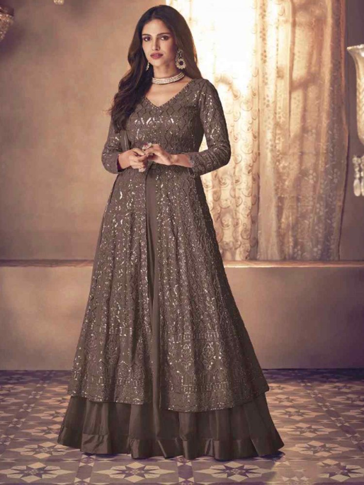 Dark Beige Heavy Faux Georgette Embroidered Party Engagement Lawn Salwar Kameez