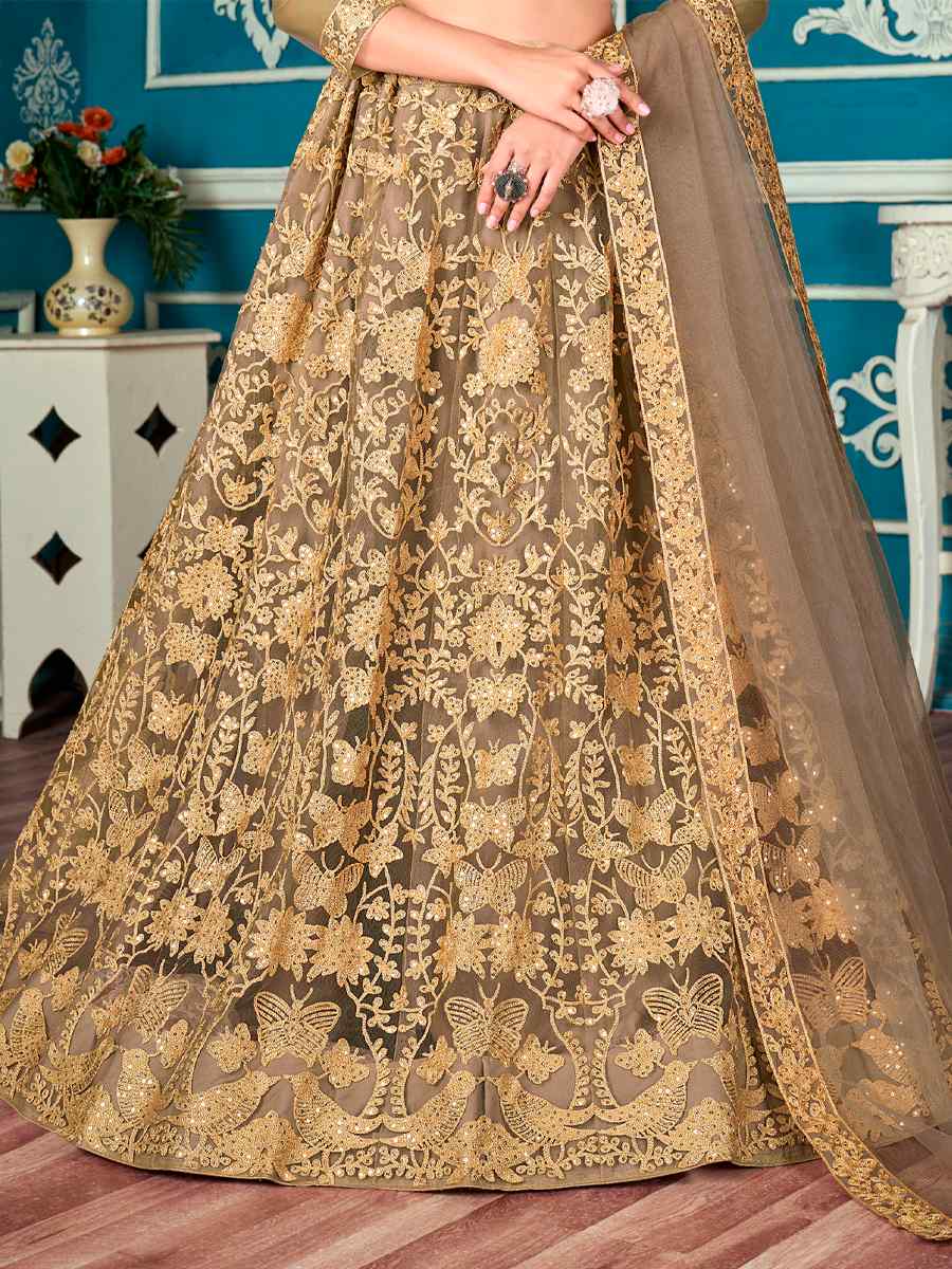Dark Beige Net Embroidered Festival Party Wear Circular Lehenga Choli