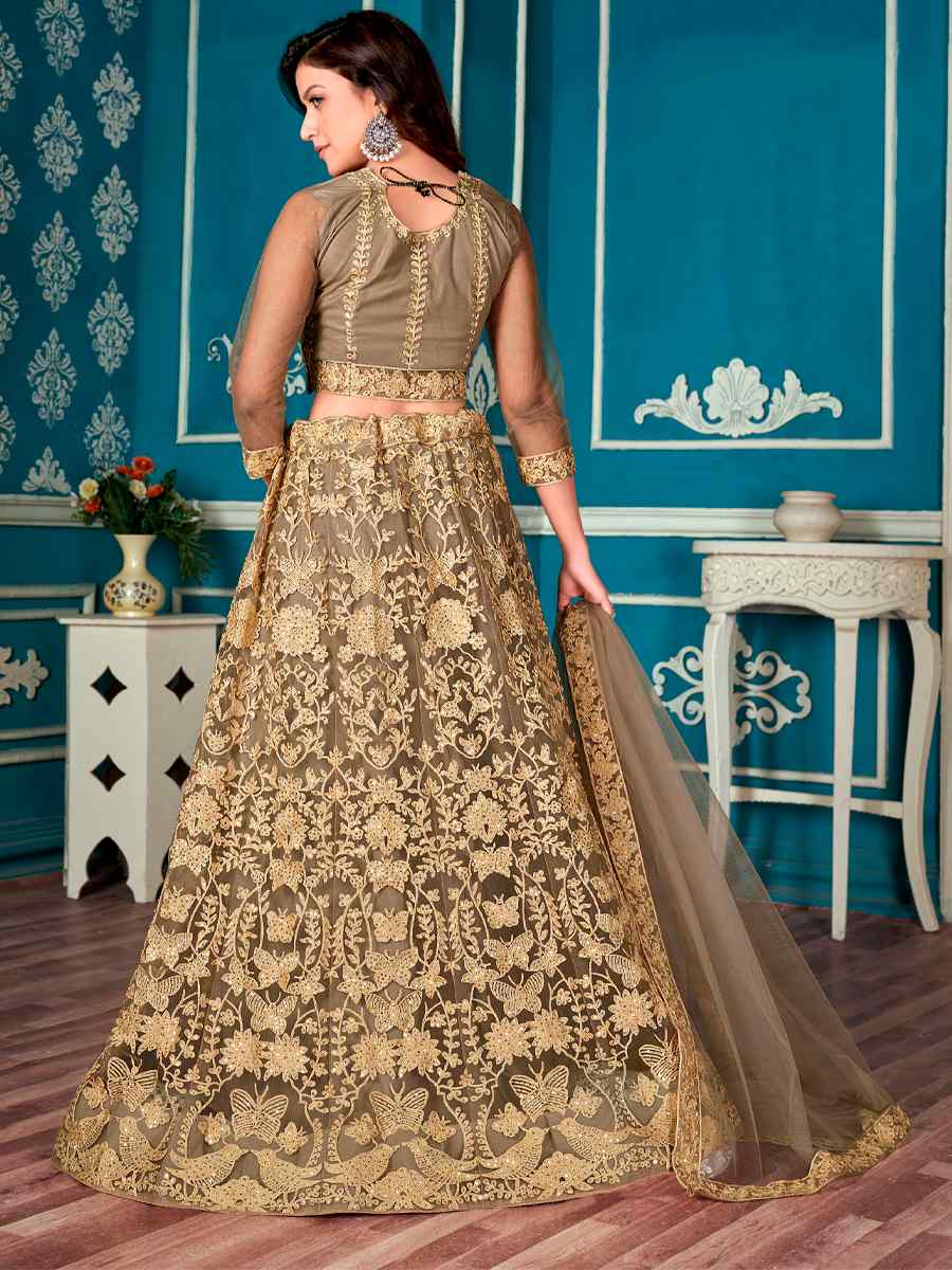 Dark Beige Net Embroidered Festival Party Wear Circular Lehenga Choli