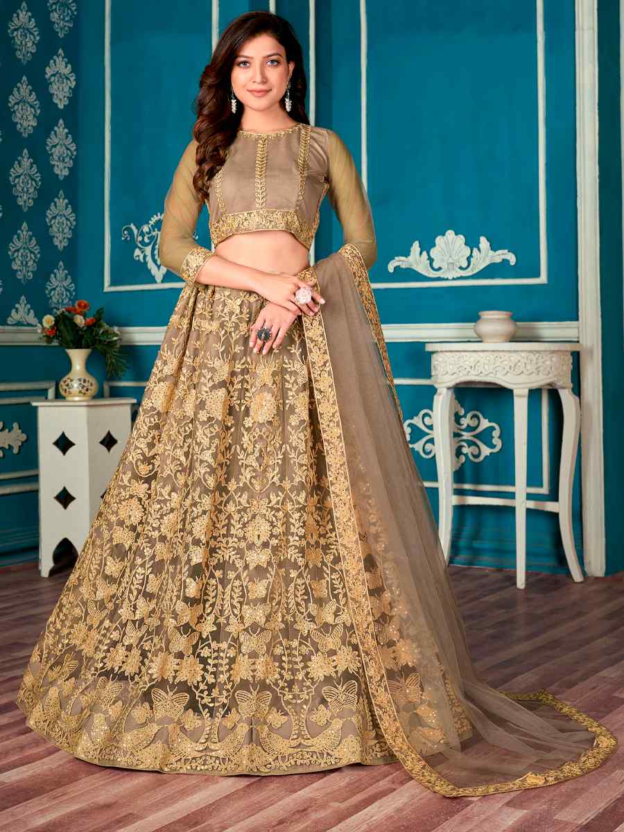 Dark Beige Net Embroidered Festival Party Wear Circular Lehenga Choli