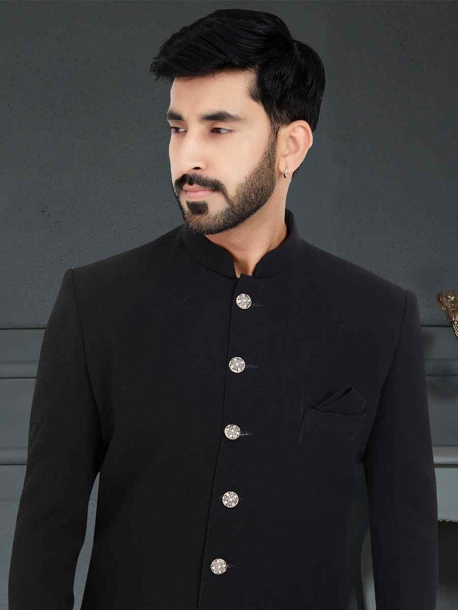 Dark Black Weaving Jecquard Woven Festival Party Sherwani