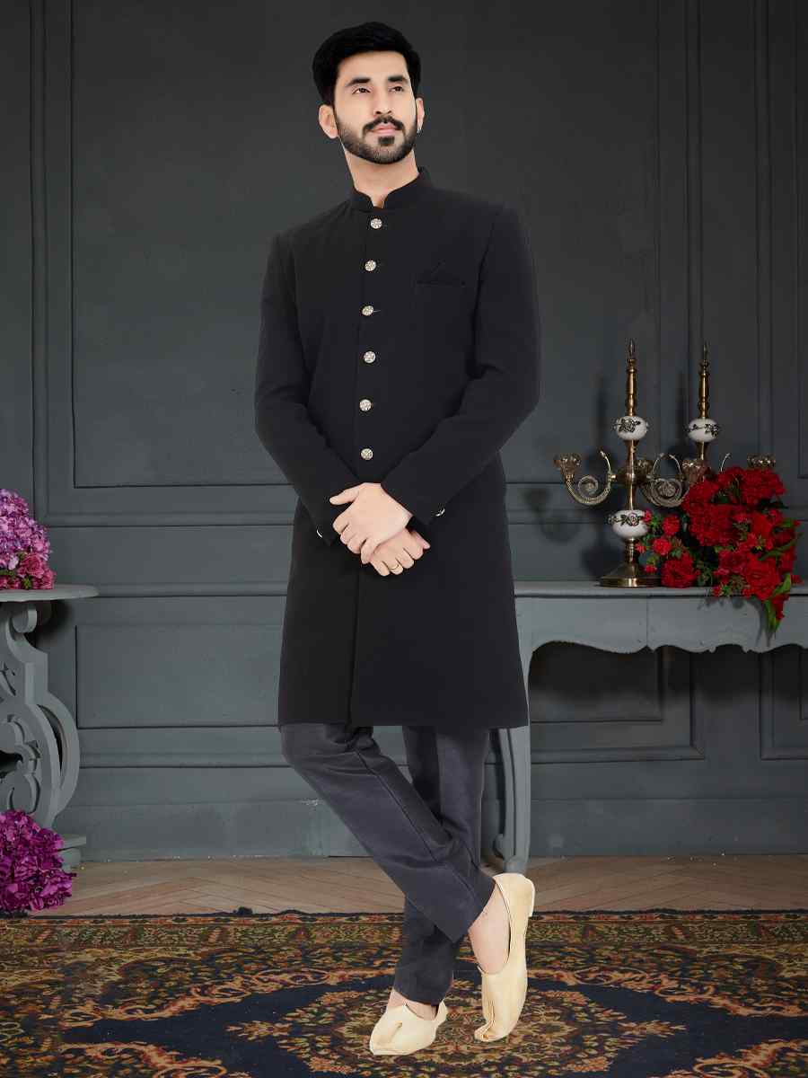 Dark Black Weaving Jecquard Woven Festival Party Sherwani