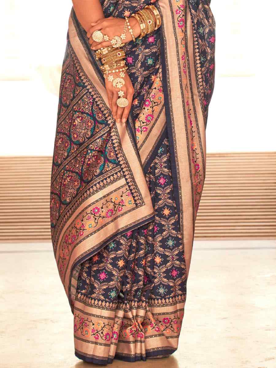 Dark Blue Banarasi Silk Printed Casual Festival Contemporary Saree