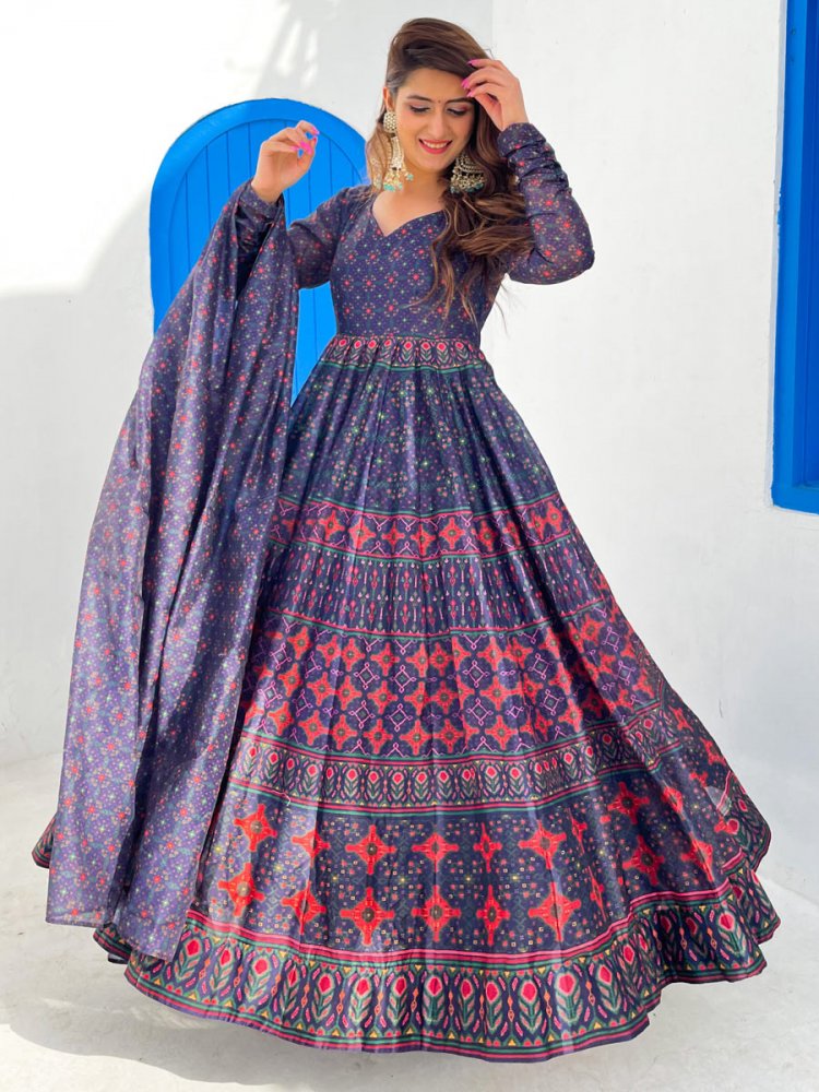 Dark Blue Chanderi Silk Party Printed Lawn Kameez
