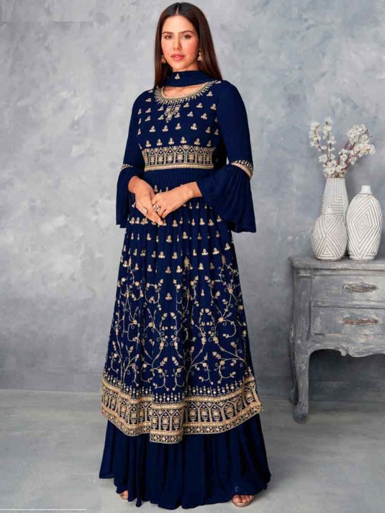 Dark Blue Faux Georgette Embroidered Stone Wedding Festival Cape Style Salwar Kameez
