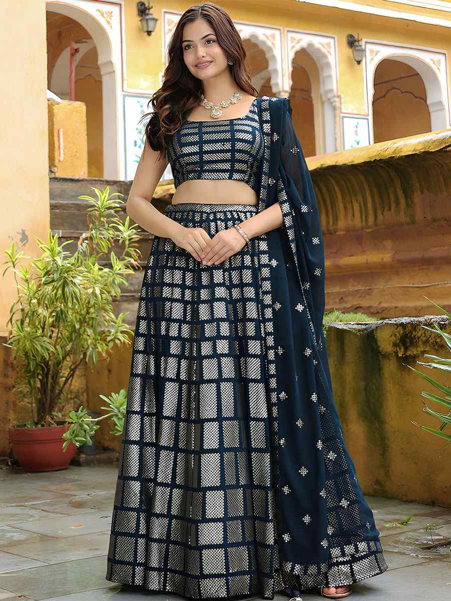 Dark Blue Georgette Embroidered Festival Wedding Party Reception Heavy Border Lehenga Choli