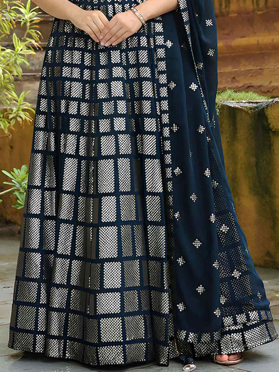 Dark Blue Georgette Embroidered Festival Wedding Party Reception Heavy Border Lehenga Choli