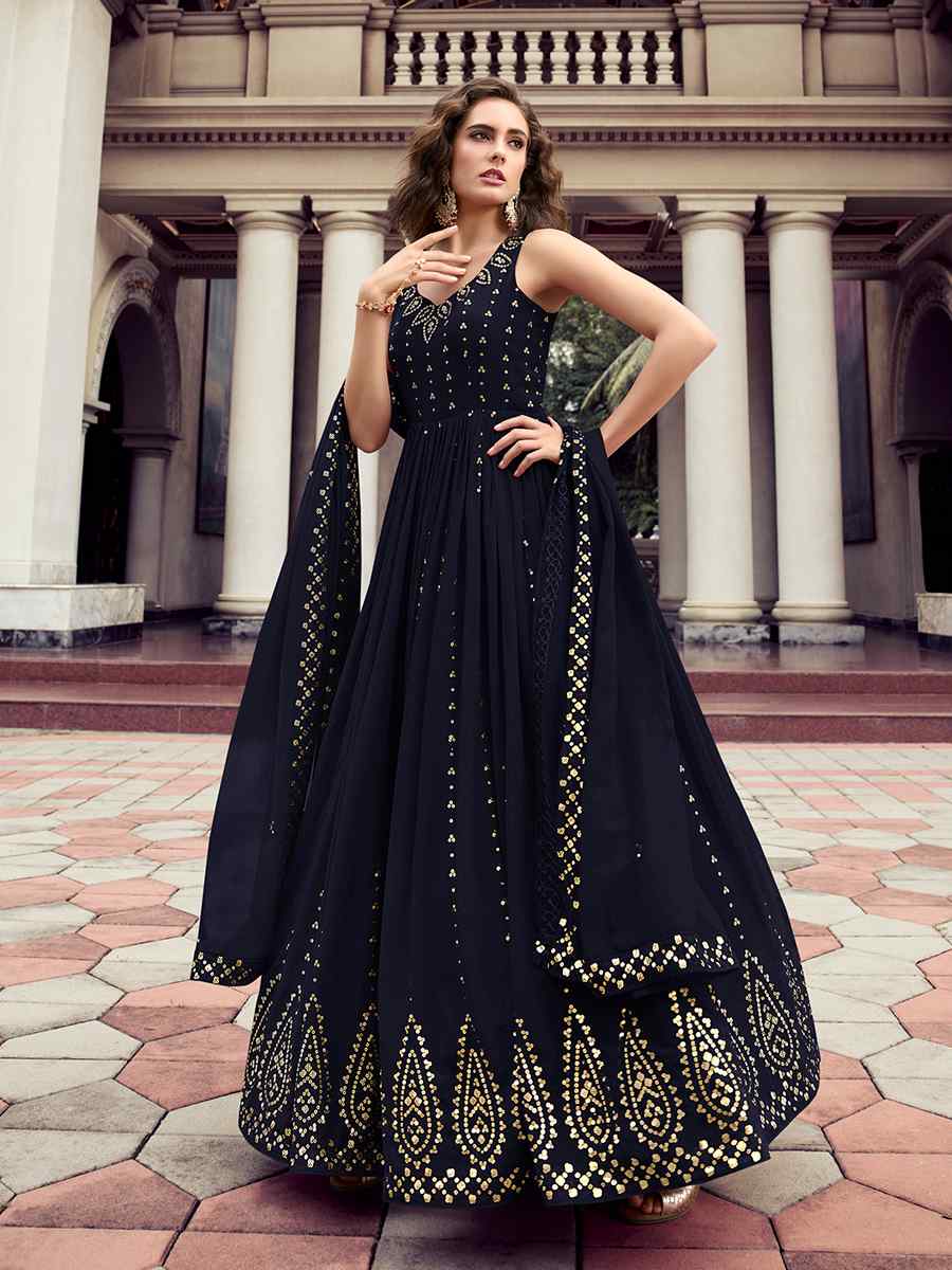 Dark Blue Georgette Embroidered Party Gown