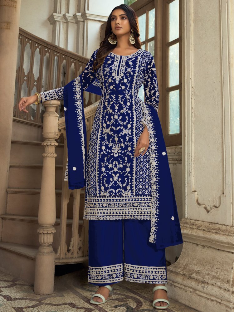 Dark Blue Heavy Butterfly Net Embroidered Festival Party Engagement Pant Salwar Kameez