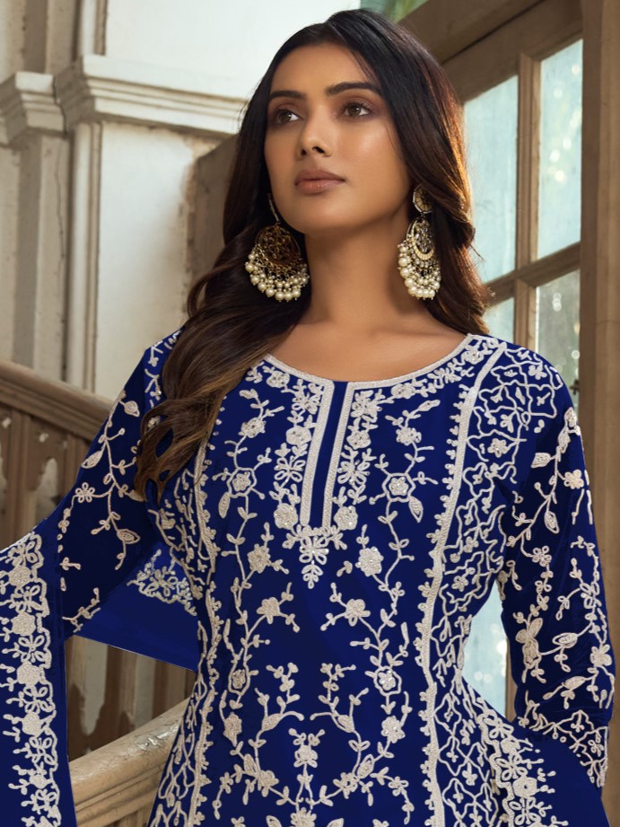 Dark Blue Heavy Butterfly Net Embroidered Festival Party Engagement Pant Salwar Kameez