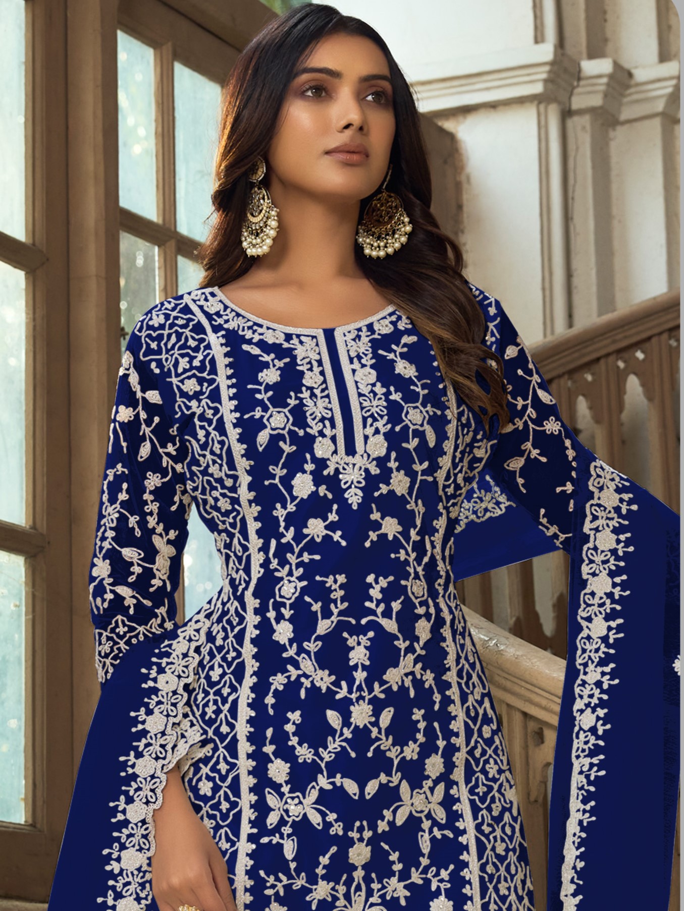 Dark Blue Heavy Butterfly Net Embroidered Festival Party Engagement Pant Salwar Kameez