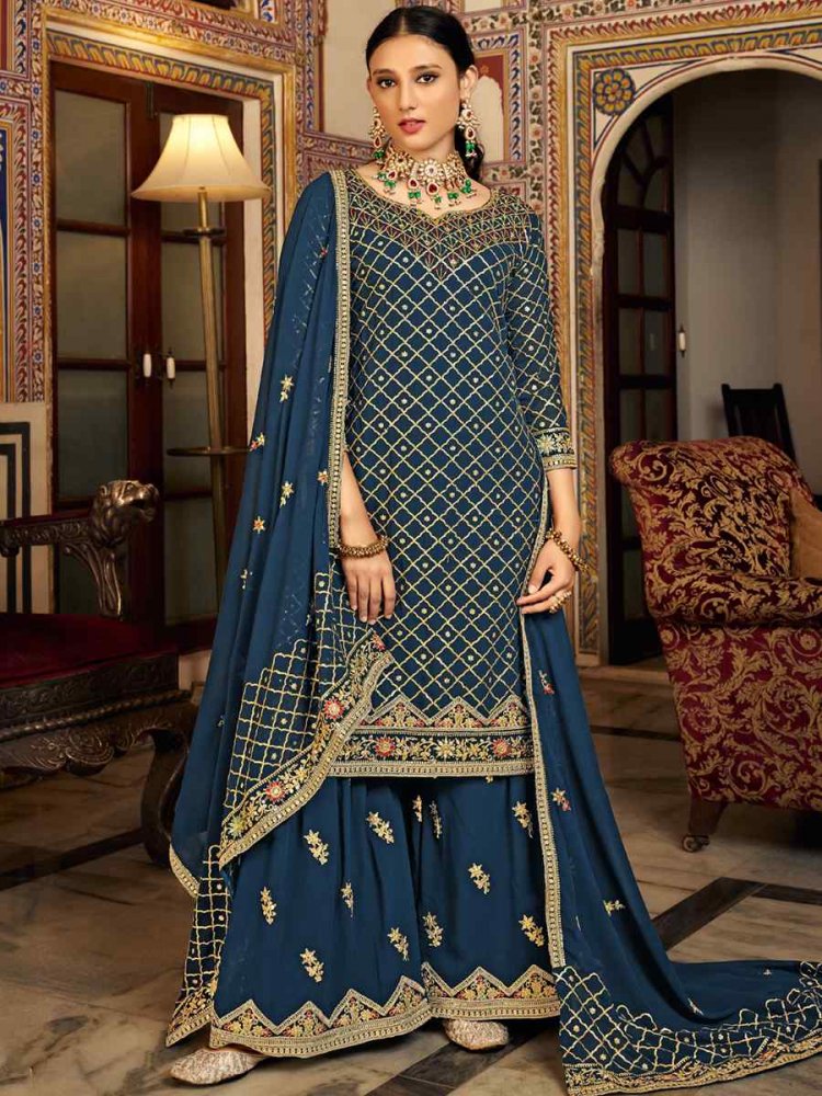 Dark Blue Heavy Chinon Embroidered Festival Wedding Palazzo Pant Salwar Kameez