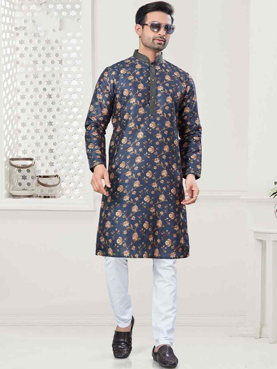 Dark Blue Jecquard Silk With Digital Print Festival Casual Kurta