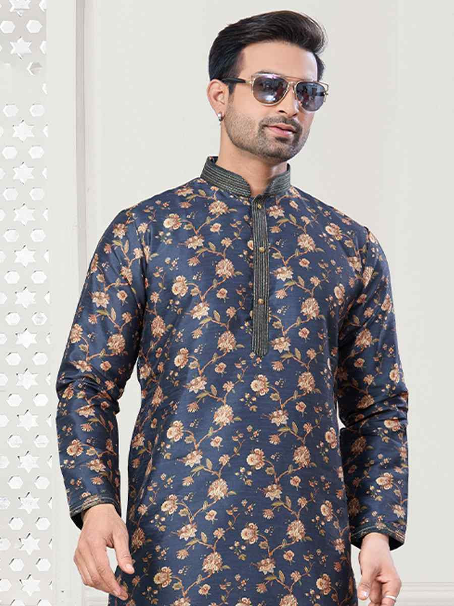 Dark Blue Jecquard Silk With Digital Print Festival Casual Kurta